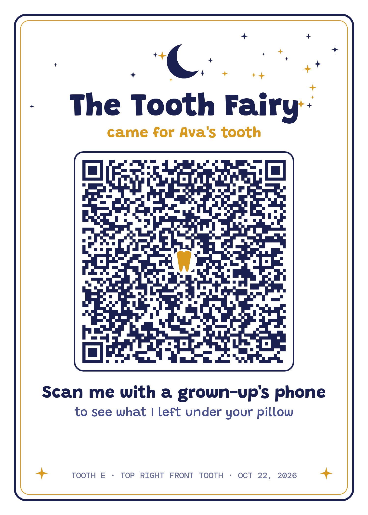 A printed fairy card: “The Tooth Fairy came for Ava’s tooth”, with a QR code